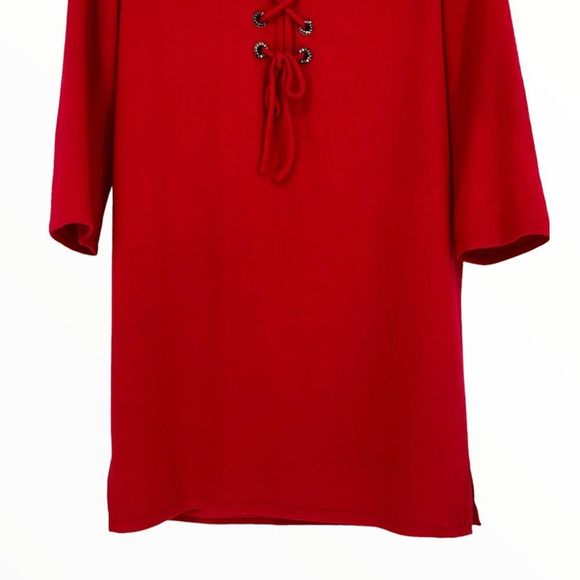 70’s Vintage Bill Blass Red Neiman Marcus Crisscross Lace Up Elbow Sleeve Dress - Picture 5 of 16